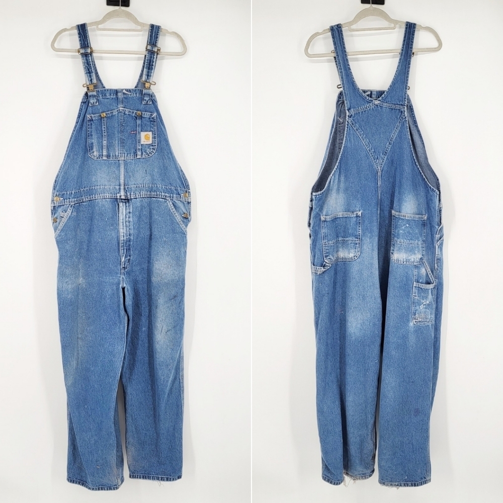 Vintage 90s Carhartt Loose Fit Denim Overalls Work Worn Distressed Blue 42 x 30 - Picture 1 of 15
